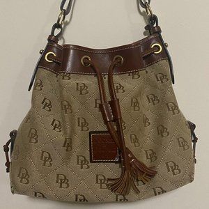 Dooney and Bourke Bucket Handbag, Beige Canvas & Brown Leather, Drawstring